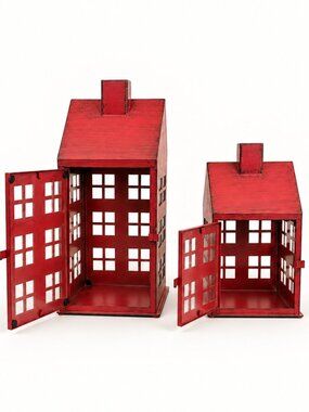 Set of 2 Red Metal House Lanterns Rustic Farmhouse Candle Holders Holiday Decor